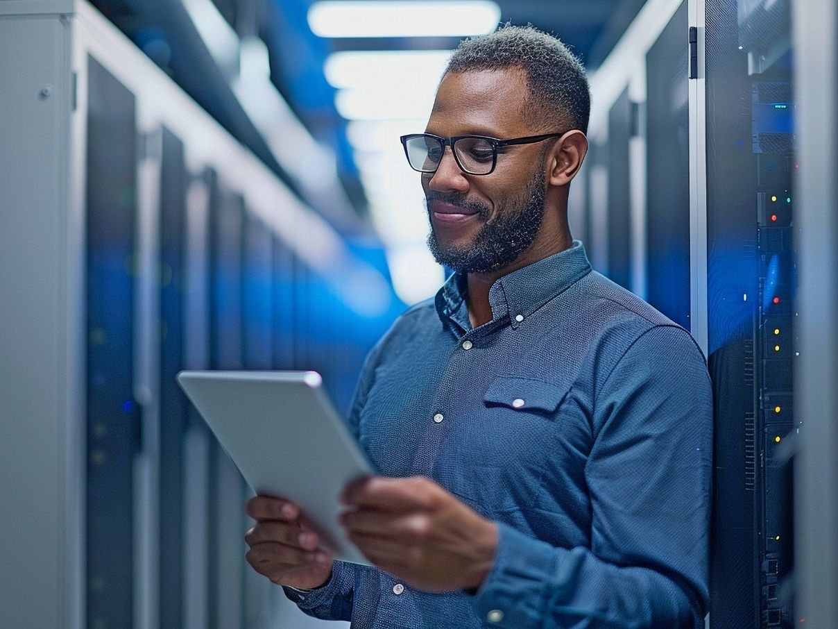 Técnico da Task conferindo o servidor pelo tablet, no data center