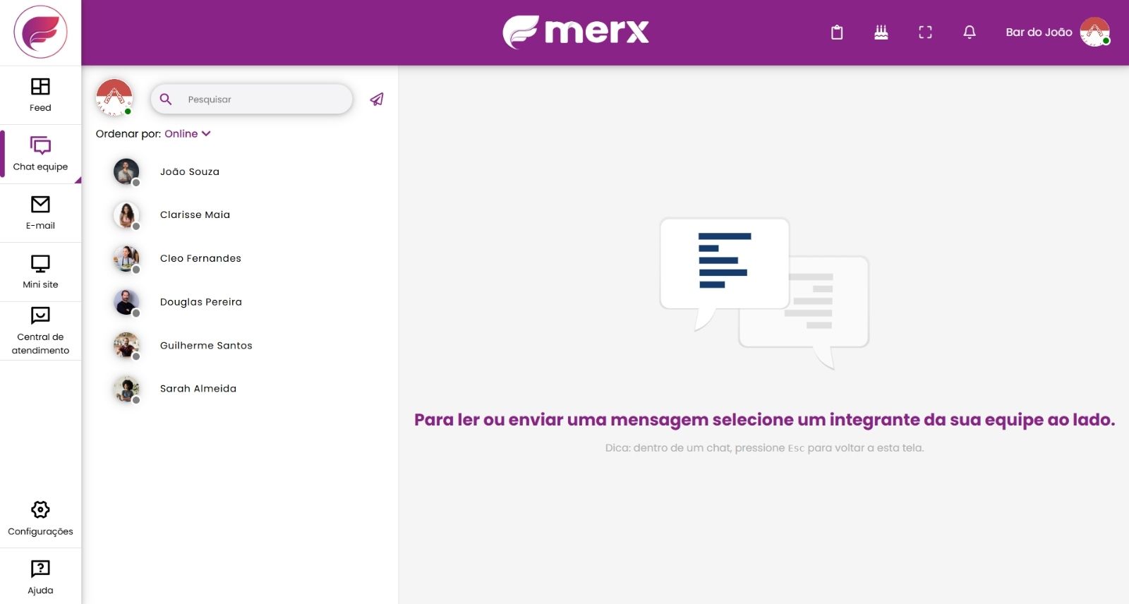 Lista de integrantes da equipe no chat interno do Merx.