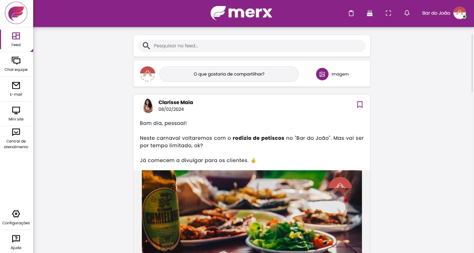 Feed interno do Merx com um aviso publicado pela equipe.