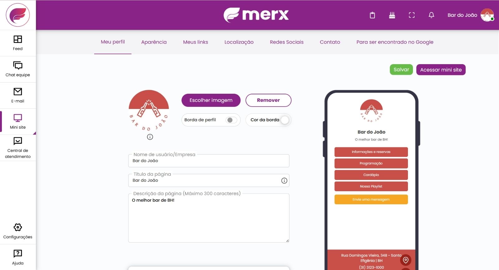 Tela de edição do mini site no painel do Merx, com pré-visualização do celular ao lado.